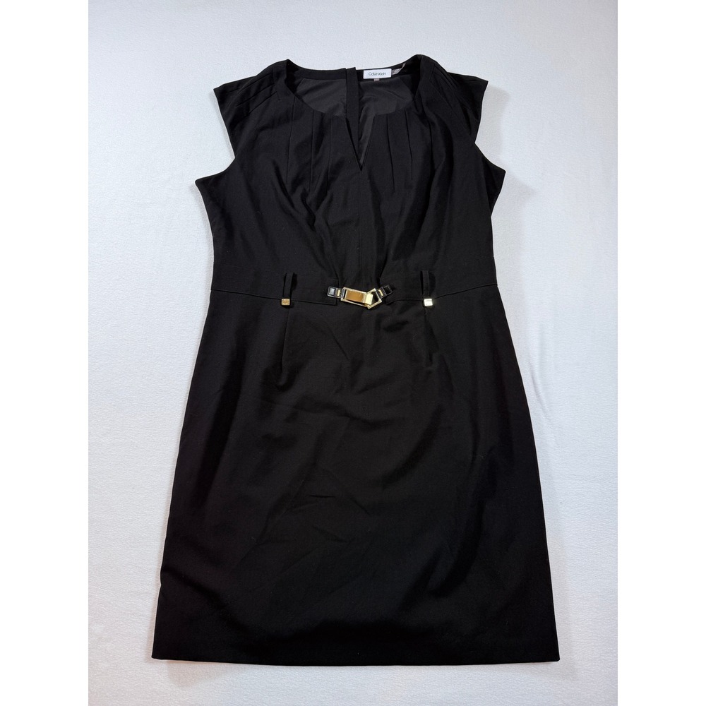 Calvin Klein Sheath Dress Women 16 Black Pleated Corporate Cap Sleeve LBD Office
